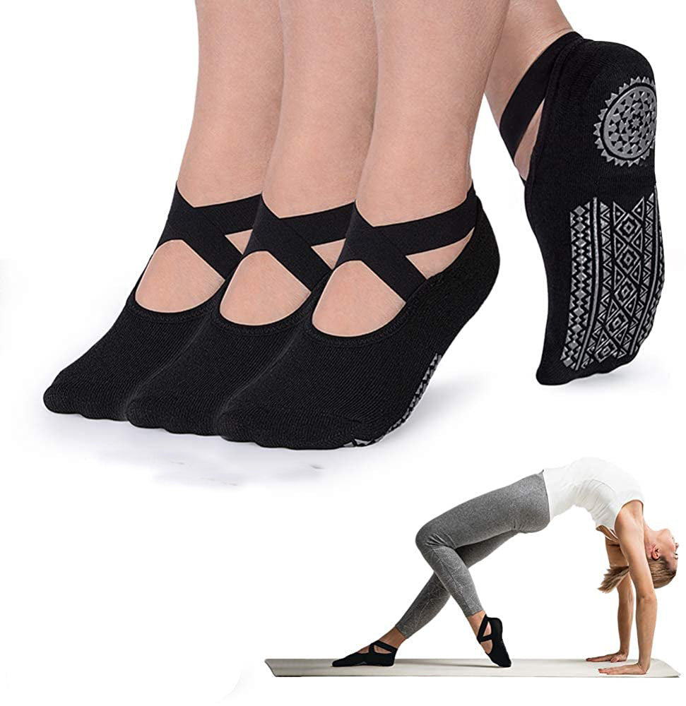 Non-Slip Yoga Socks with Cross Strap | Terry Grip Sports Socks