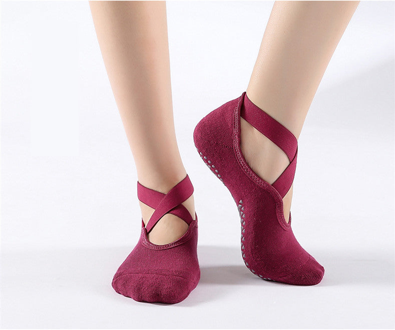 Non-Slip Yoga Socks with Cross Strap | Terry Grip Sports Socks