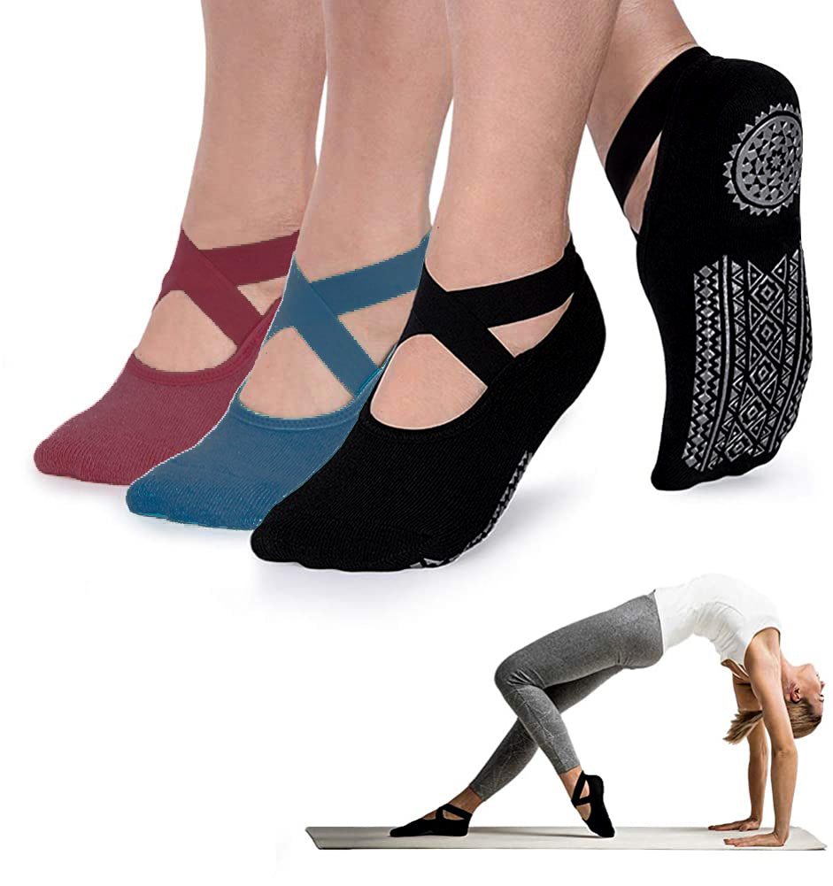 Non-Slip Yoga Socks with Cross Strap | Terry Grip Sports Socks