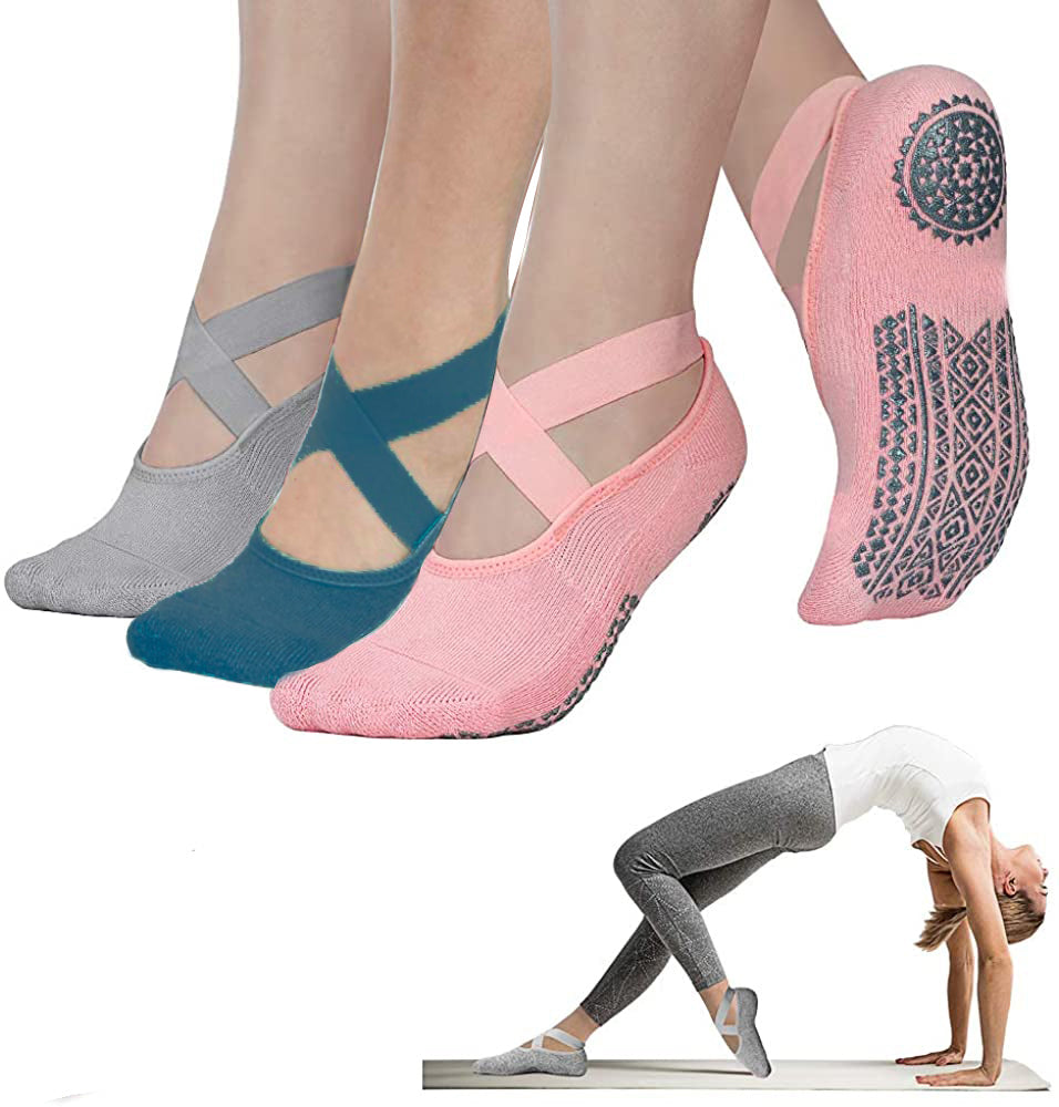Non-Slip Yoga Socks with Cross Strap | Terry Grip Sports Socks